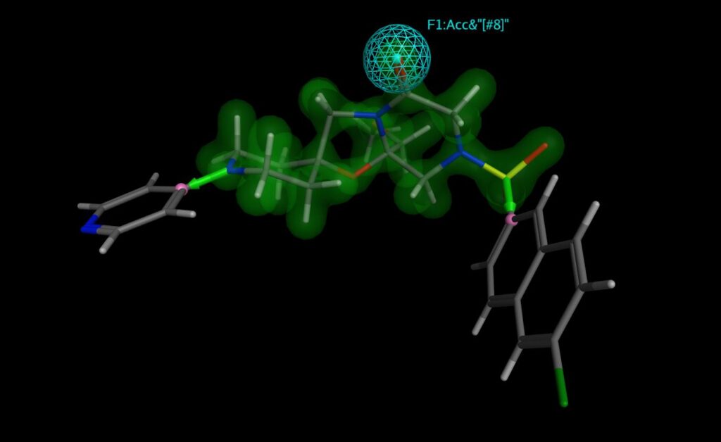 Figure 1: Scaffold replacement using MOE for PDB structure 1IOE (Factor Xa with a bound ligand). One pharmacophore acceptor feature, constrained to be oxygen, is used to ensure an interaction between the scaffold and receptor is preserved in all hits.