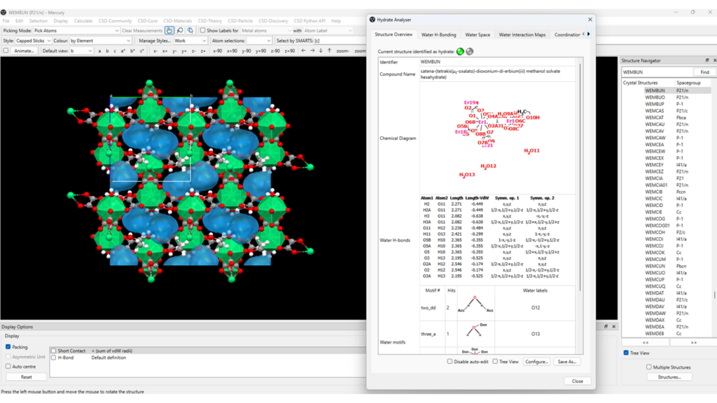 A screenshot of the software Mercury showing the 3D packing of a MOF material with the volumes occupied by water molecules in blue; the Hydrate Analyser results are listed on the right-hand side.