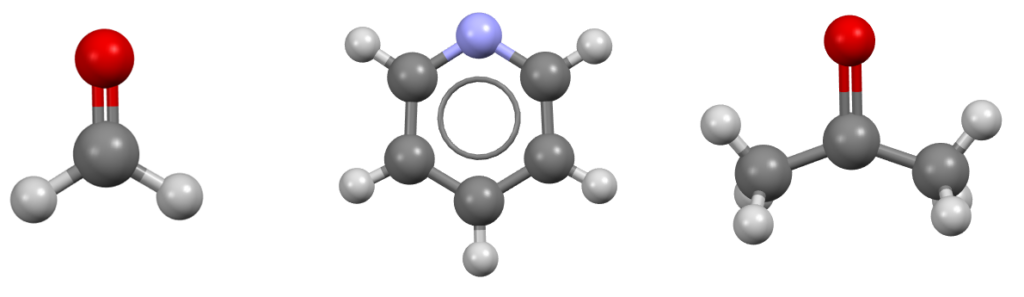 Molecules of formaldehyde, pyridine, and acetone.