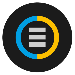 A black circle with a blue, orange and grey logo.