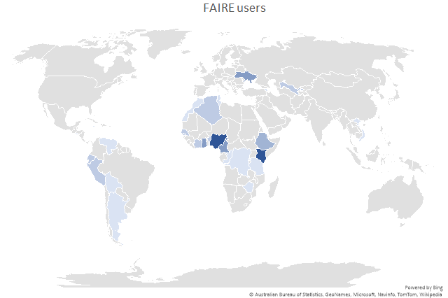 Map of the world highlighting the countries with FAIRE active sites.