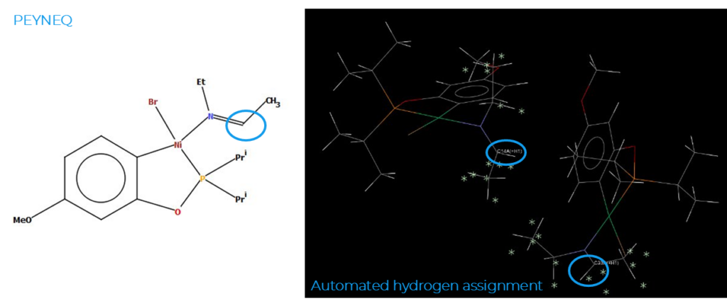 2D sketch of CSD Entry PEYNEQ and 3D view of the structure showing the results from the automated hydrogen assignment.