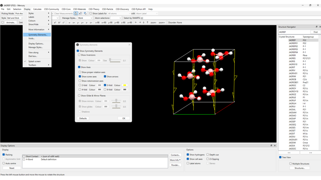 Screenshot of the CCDC software Mercury highlighting the symmetry elements in a crystal structure.