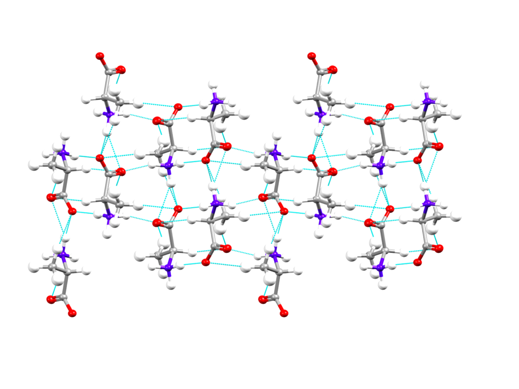 Image of CSD entry LALNIN91 showing the hydrogen bonding network with refinement from high-resolution electron diffraction data.