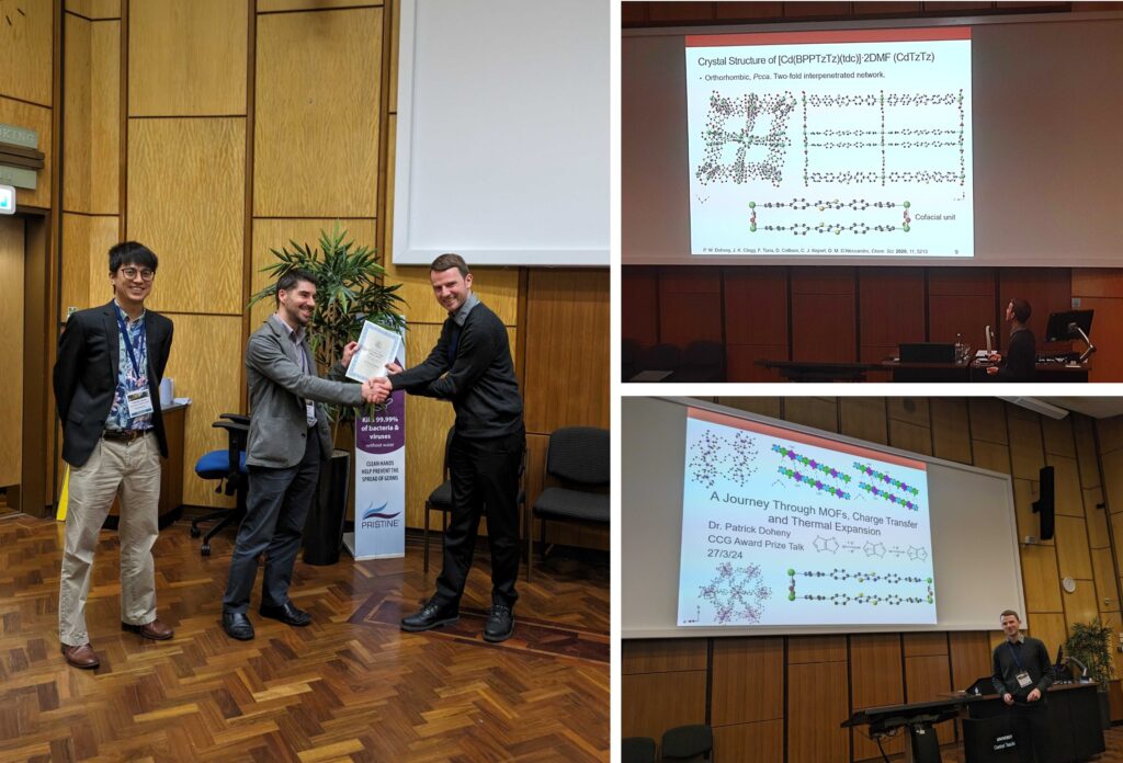 Sets of images showing Dr Patrick Doheny receiving the prize at the BCA Spring Meeting 2024, and presenting their research.