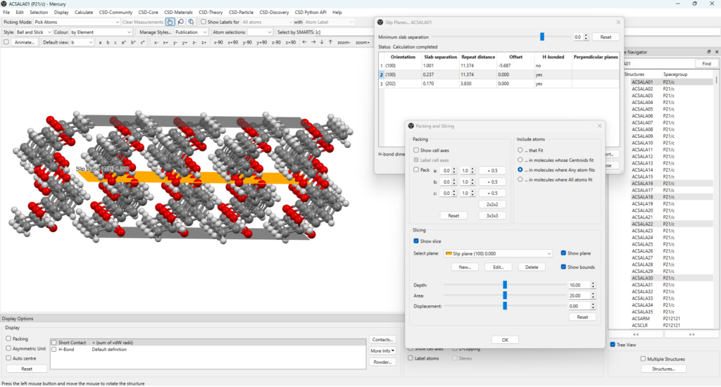 Screenshot of the Slip Planes component of Mercury including customizable features for the planes visualization.
